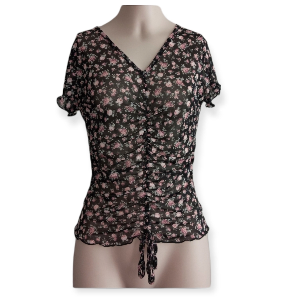 POLLY AND ESTER lettuce trim hem Black sheer top size medium pink floral print
